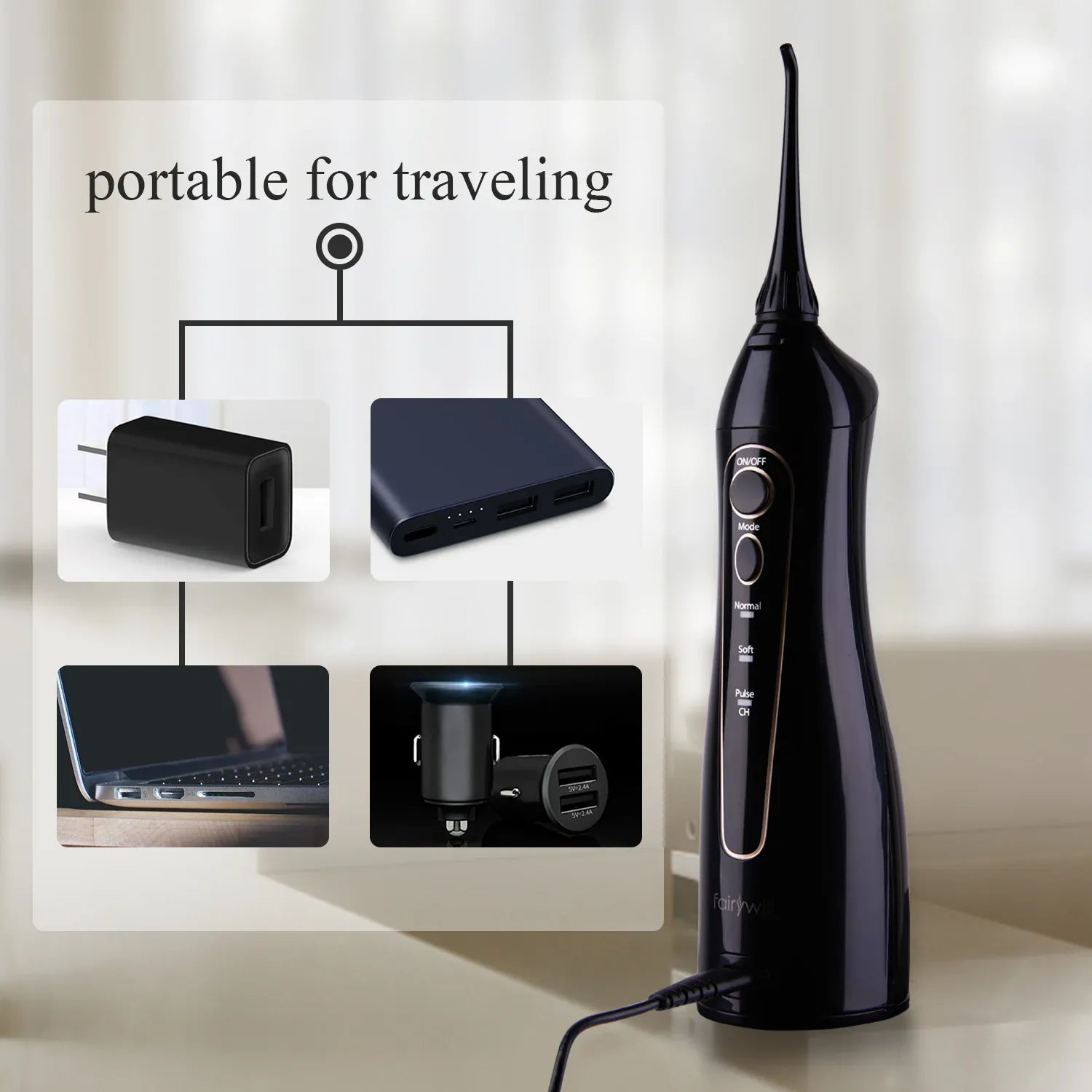 Fairywill Cordless Water Dental Flosser - 300ML Portable Oral Irrigator with 3 Modes, Rechargeable Waterproof Teeth Cleaner for Home and Travel