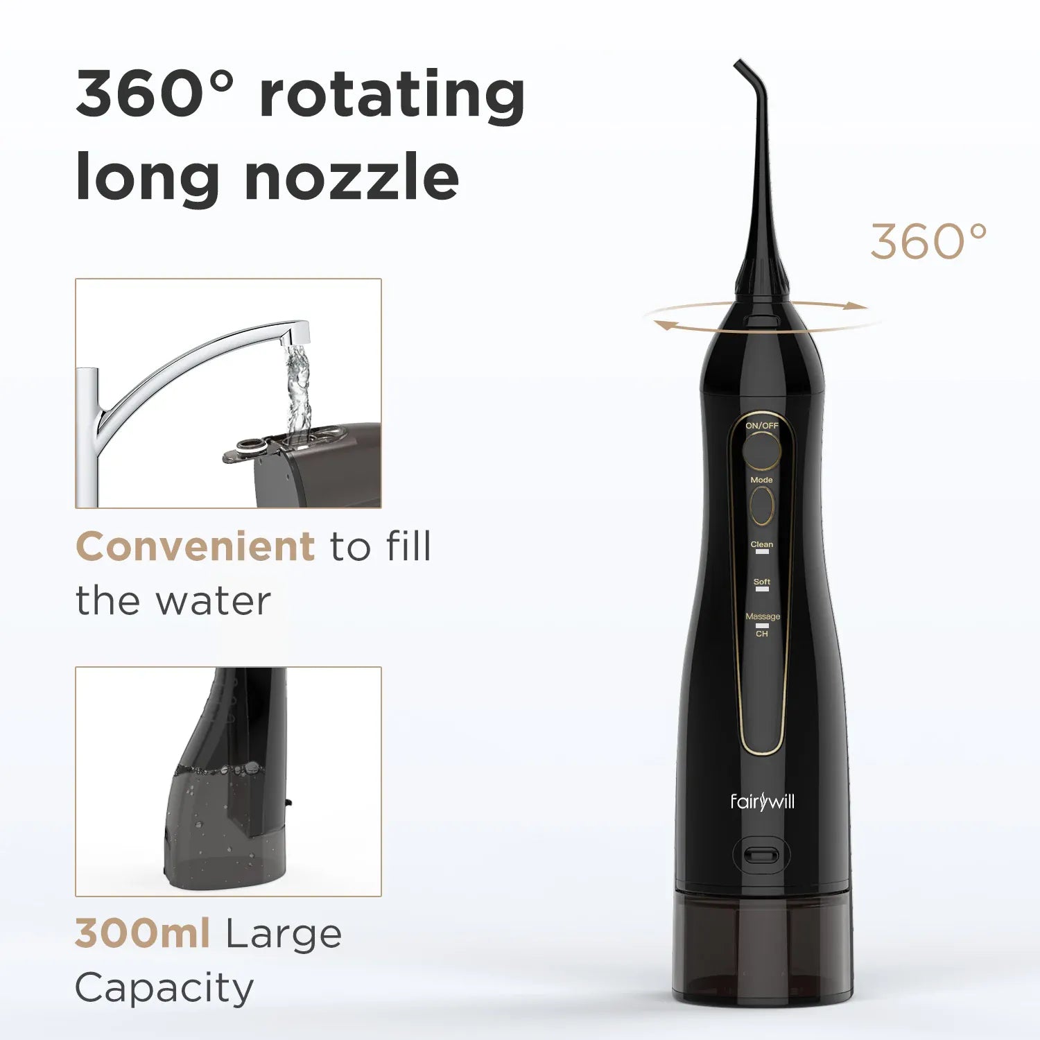 Fairywill Cordless Water Dental Flosser - 300ML Portable Oral Irrigator with 3 Modes, Rechargeable Waterproof Teeth Cleaner for Home and Travel