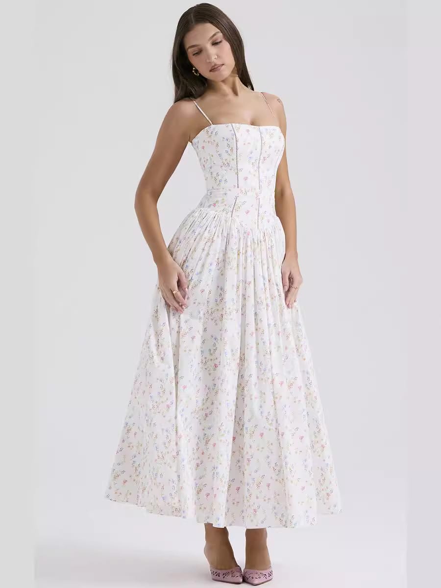 French Vintage Floral Spaghetti Strap Midi Dress – Fairy Elegance Corset Dress