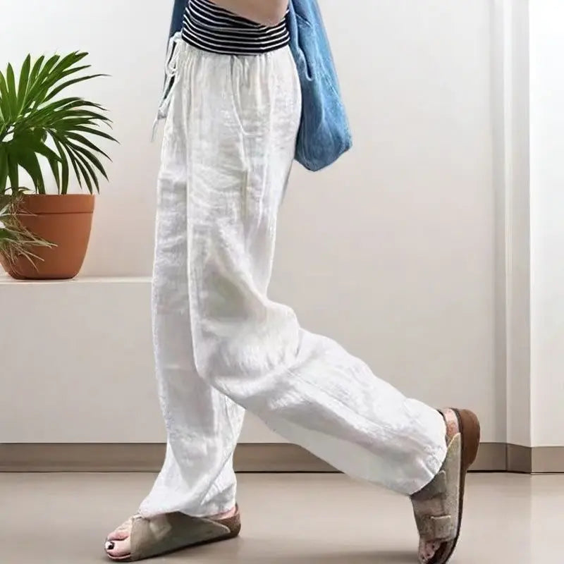 Casual High-Waist Cotton Linen Wide-Leg Trousers with Pockets