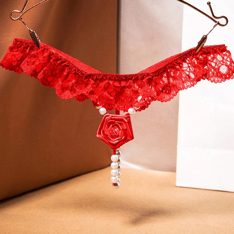 Ultra-Thin Embroidered Panties with Pearl Rose Embellishment