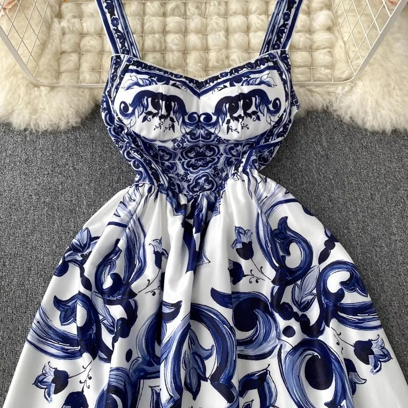 Blue and White Porcelain Print Strappy Summer Dress