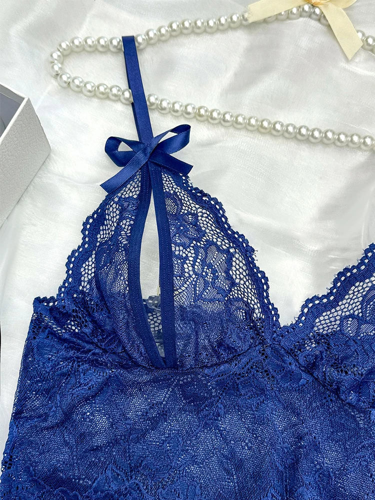 Dark Blue Sheer Lace Lingerie Set for Women – Elegant Bra and Panty Set