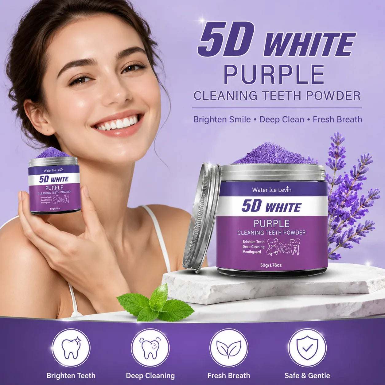 Purple Teeth Whitening Powder - 50g Natural Pearl Essence Color Corrector & Stain Remover, Deep Cleaning Tooth Powder for Fresh Breath