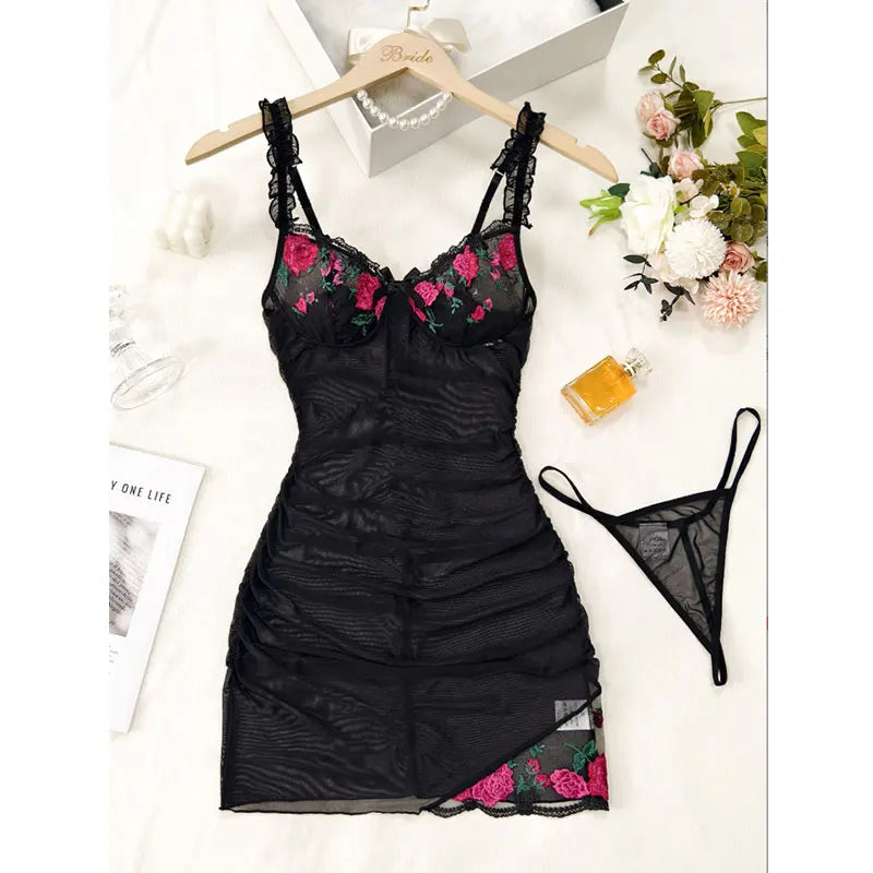 Sheer Lace Bra and Panty Set for Women – Elegant Floral Embroidery Lingerie Nightwear