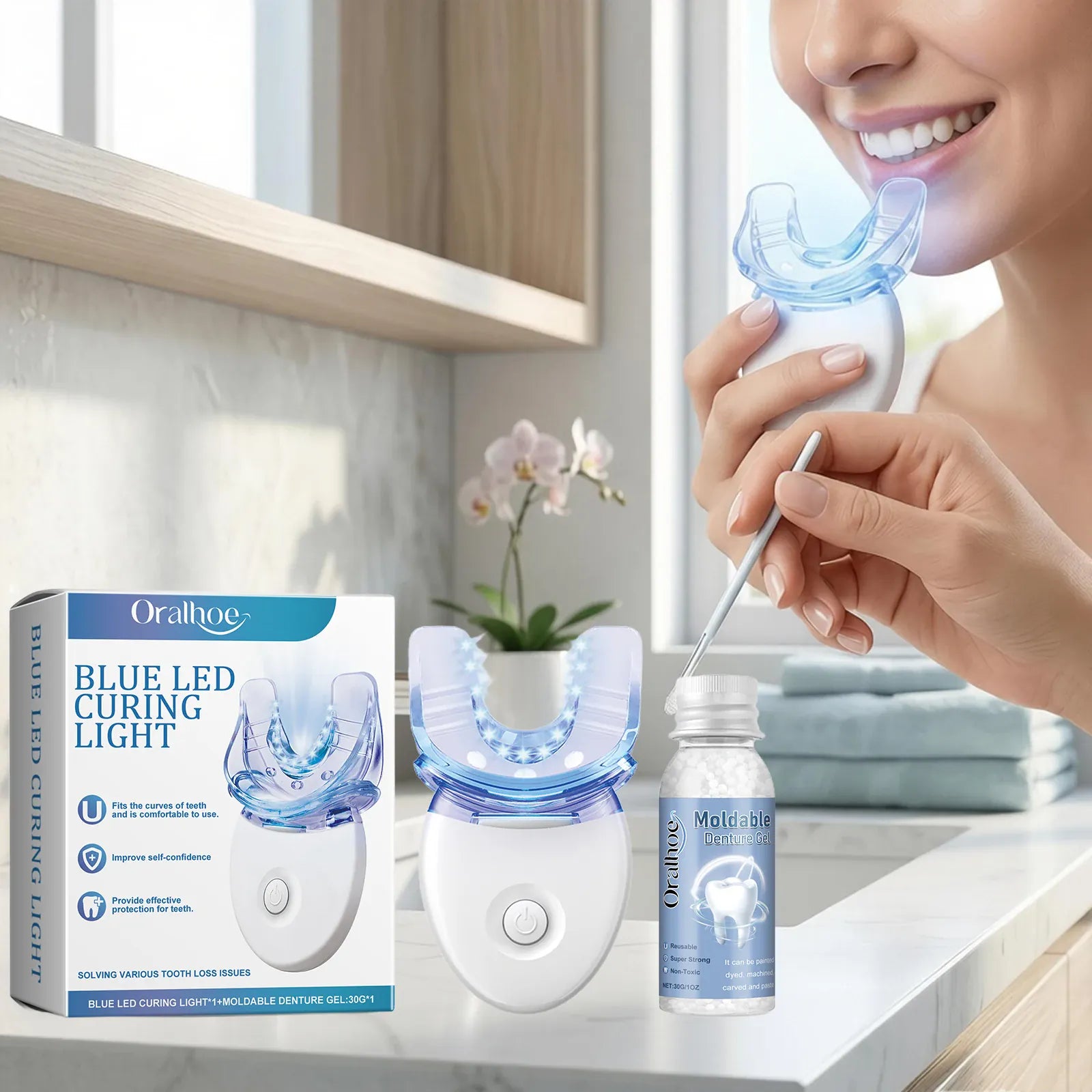 Portable Teeth Whitening Kit with Blue LED Light - Home Dental Cleansing & Stain Removal Device, Mild Formula for Sensitive Teeth