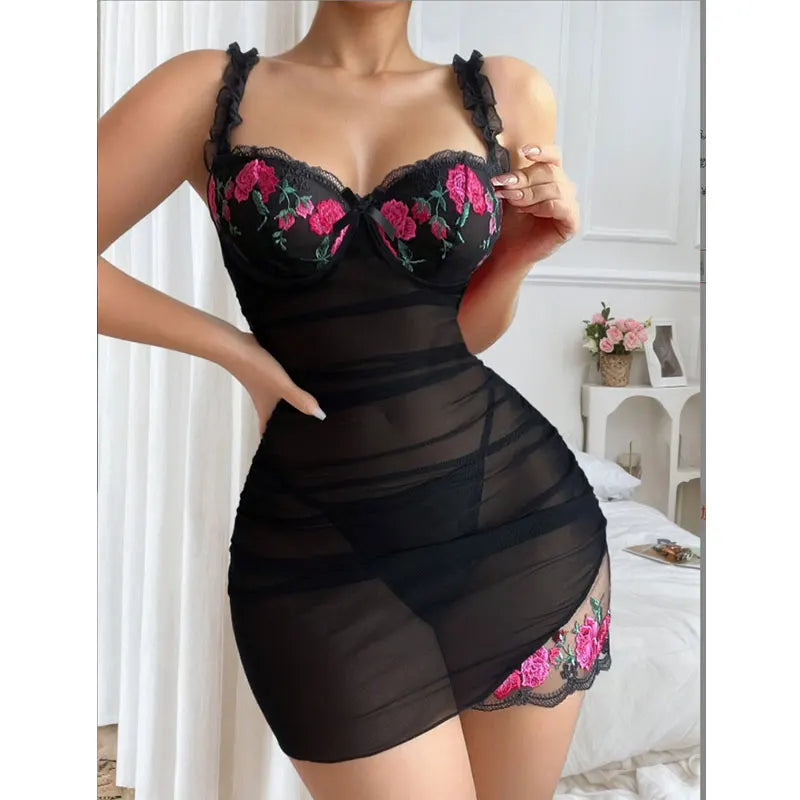Sheer Lace Bra and Panty Set for Women – Elegant Floral Embroidery Lingerie Nightwear
