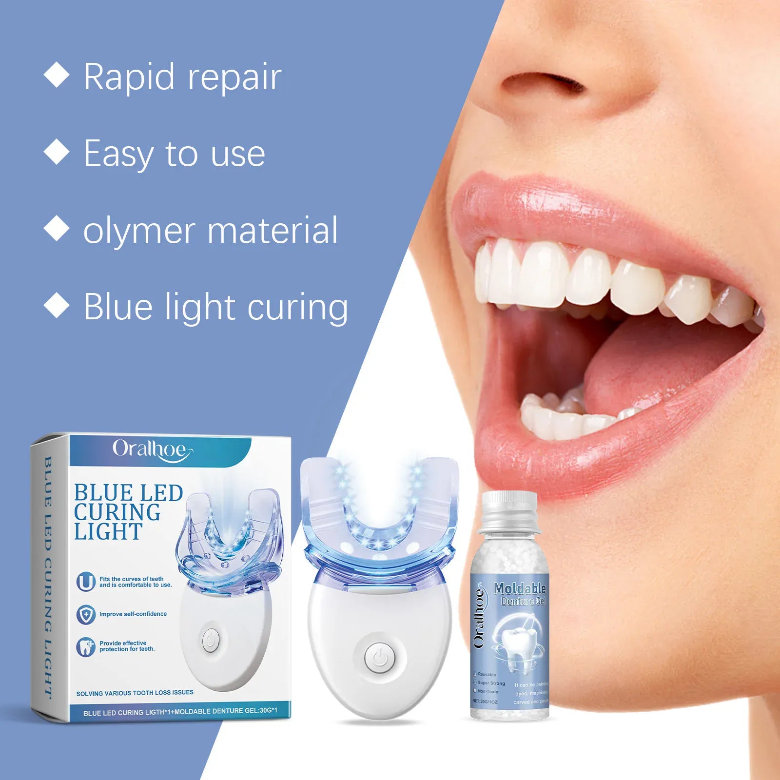 Portable Teeth Whitening Kit with Blue LED Light - Home Dental Cleansing & Stain Removal Device, Mild Formula for Sensitive Teeth
