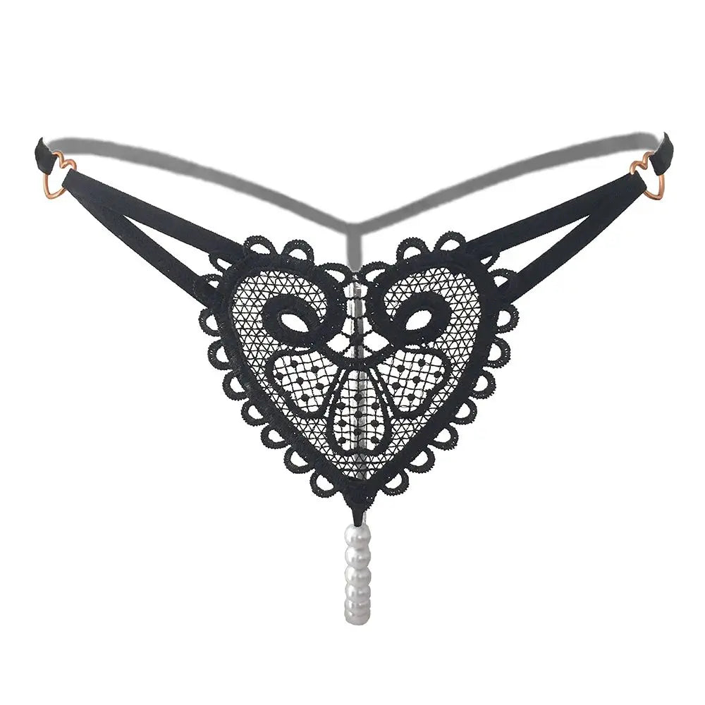 Sexy Heart Embroidery Pearl Thong for Women – Low Rise Lace Lingerie