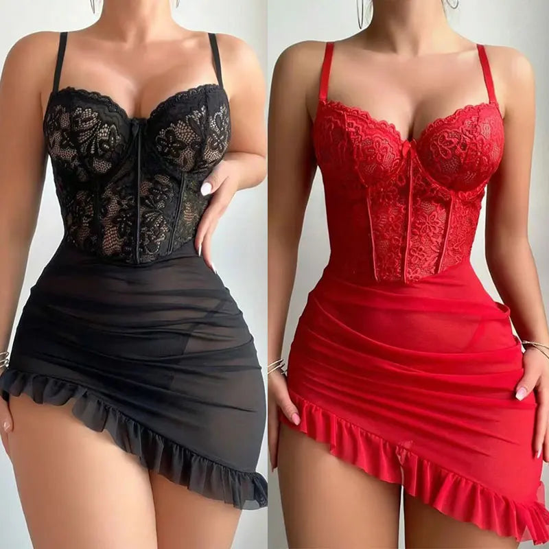 Sheer Lace Underwire Lingerie Set for Women – Transparent Elegant Nightdress & Sleepwear