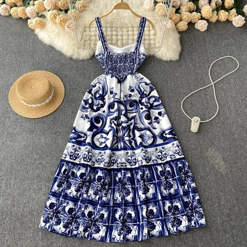 Blue and White Porcelain Print Strappy Summer Dress