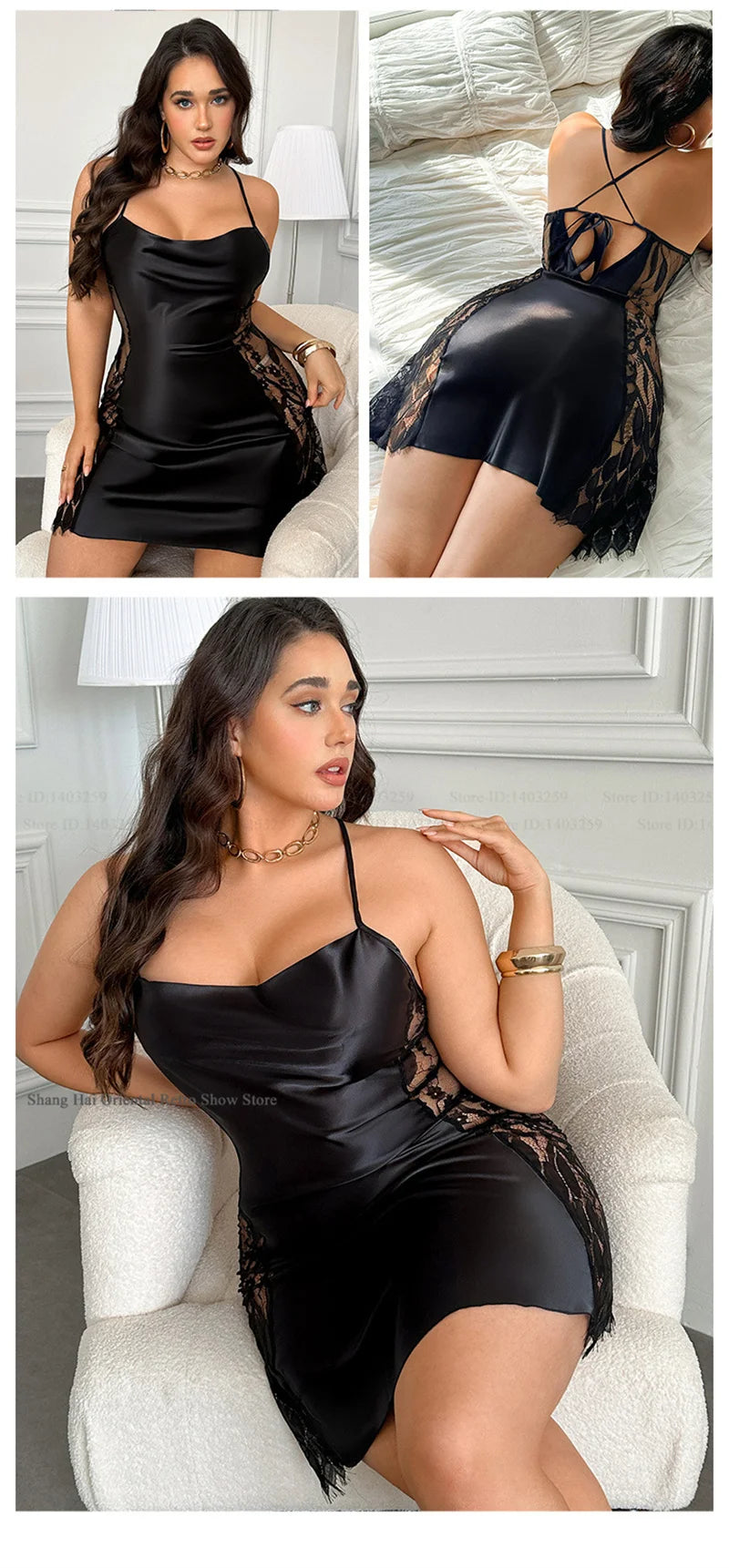 قميص نوم أنيق من الساتان والدانتيل بمقاسات كبيرة - ملابس نوم دانتيل مفرغة (3XL–5XL)