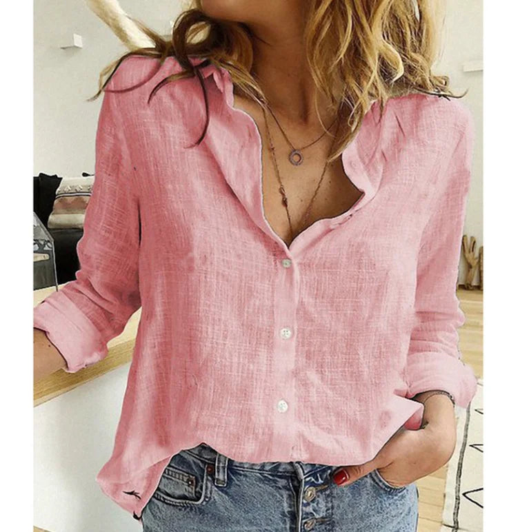 Women Casual Long Sleeve Cotton Linen Loose Shirt Elegant