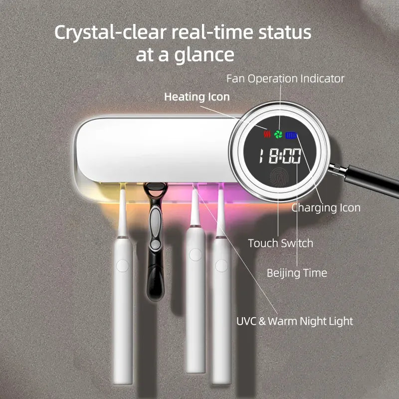 UV Toothbrush Sanitizer and Holder - Rechargeable Wall-Mount Toothbrush Cleaner with 20-Min Quick Dry, Family Bathroom Oral Care Organizer