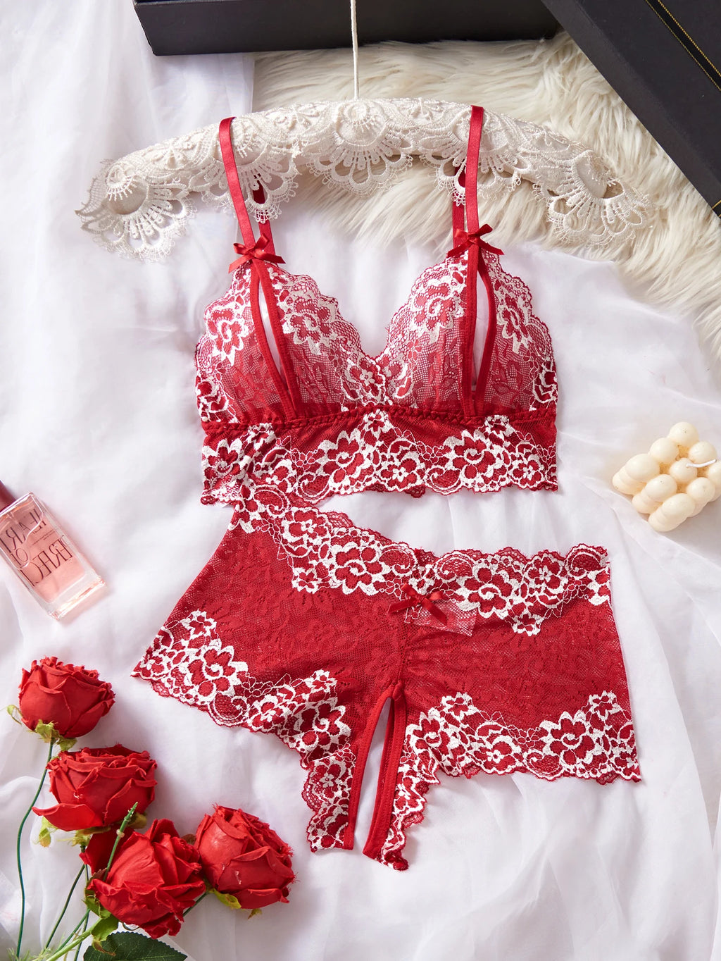 Women Lace Bra and Panty Set – Contrast Color Elegant Lingerie Suit