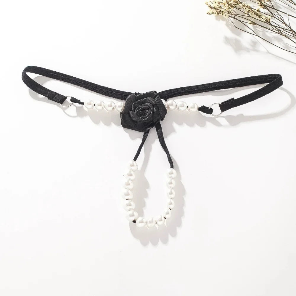 Sexy Rose Pearl G-String for Women – Beaded Open Crotch Lace Thong Lingerie