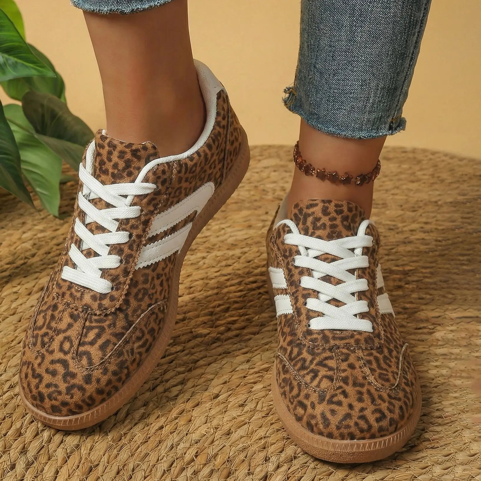 Leopard Print Shimmer Sneakers – Stylish Lace-Up Casual Shoes