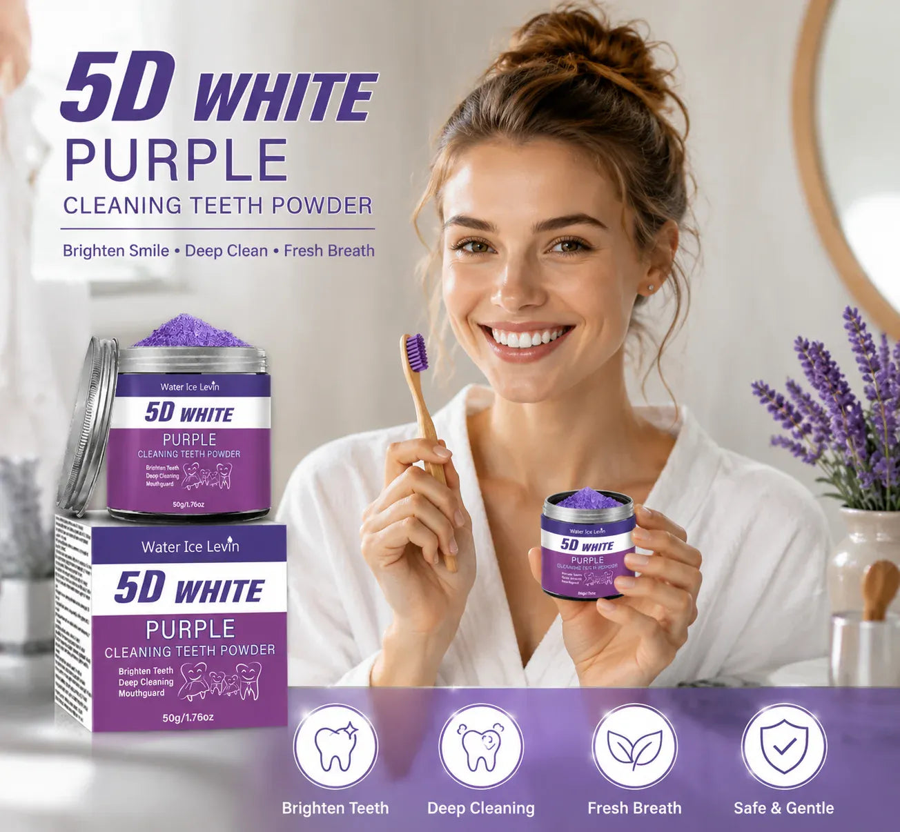 Purple Teeth Whitening Powder - 50g Natural Pearl Essence Color Corrector & Stain Remover, Deep Cleaning Tooth Powder for Fresh Breath