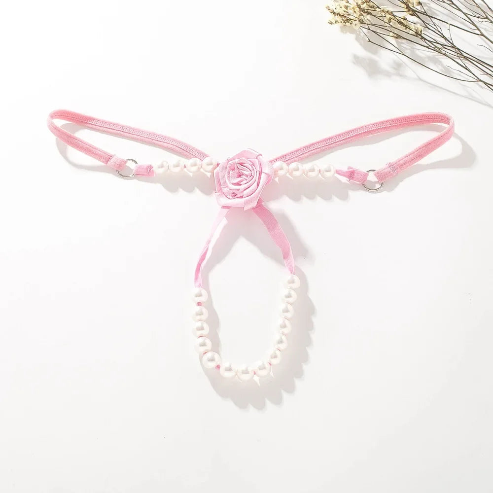 Sexy Rose Pearl G-String for Women – Beaded Open Crotch Lace Thong Lingerie