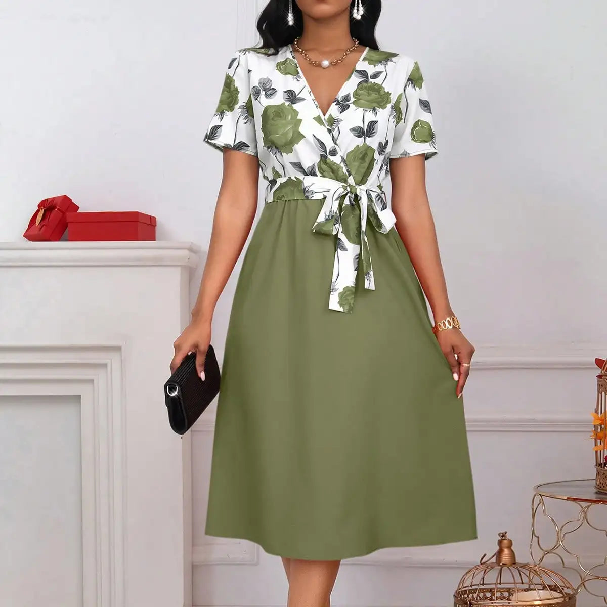 Elegant Rose Floral V-Neck Midi Dress