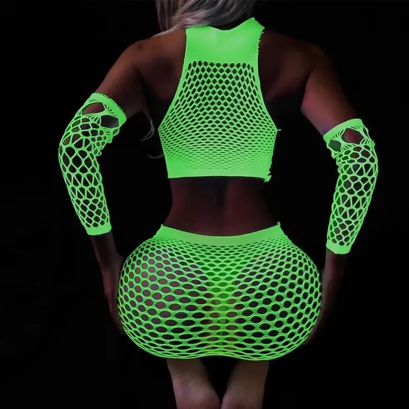 Sheer Mesh Two Piece Bodystocking Set for Women – Club & Party Wear Luminous Outfit