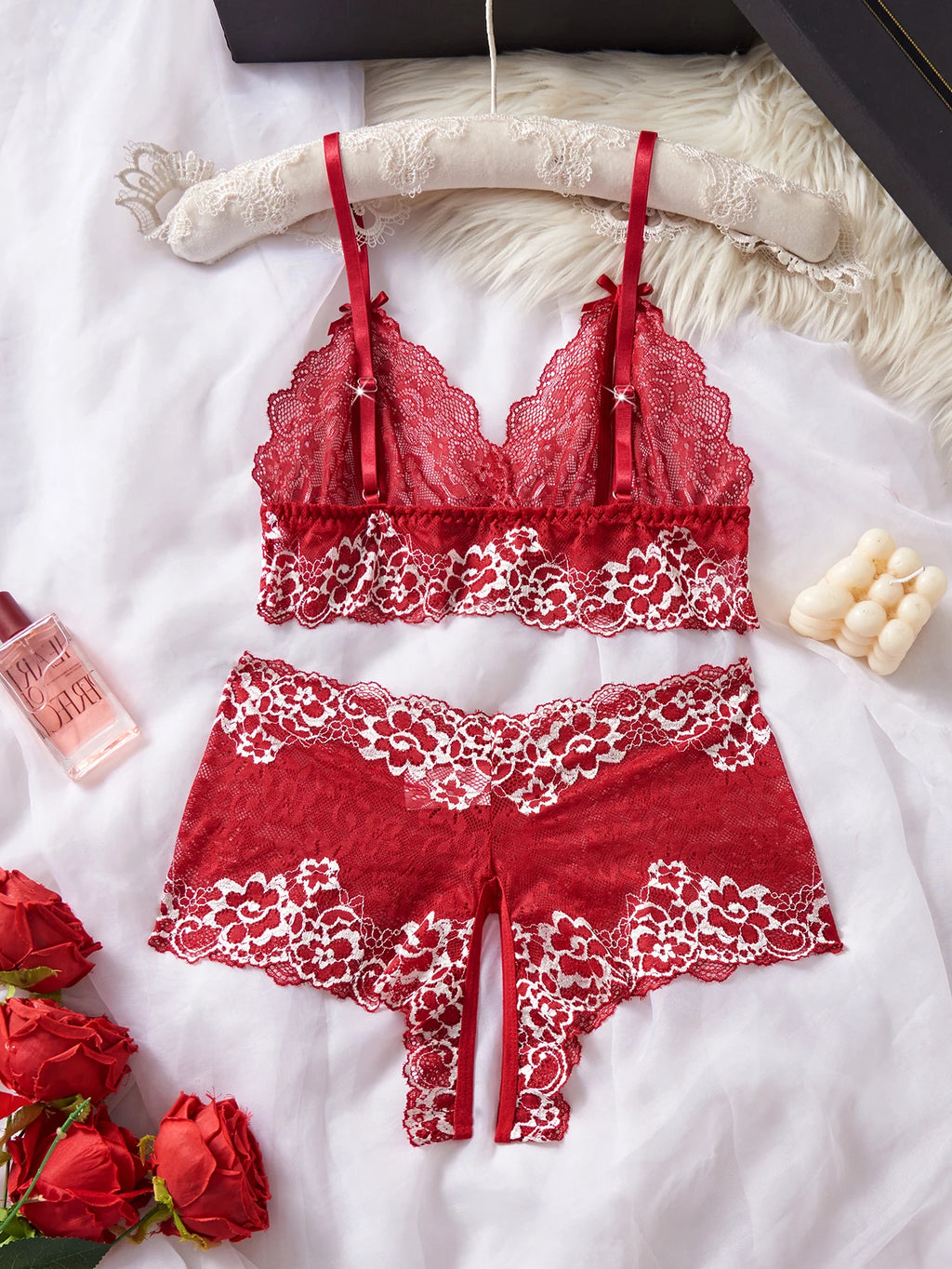 Women Lace Bra and Panty Set – Contrast Color Elegant Lingerie Suit