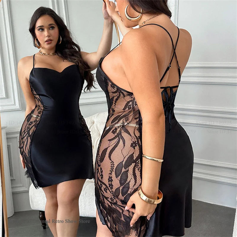 قميص نوم أنيق من الساتان والدانتيل بمقاسات كبيرة - ملابس نوم دانتيل مفرغة (3XL–5XL)