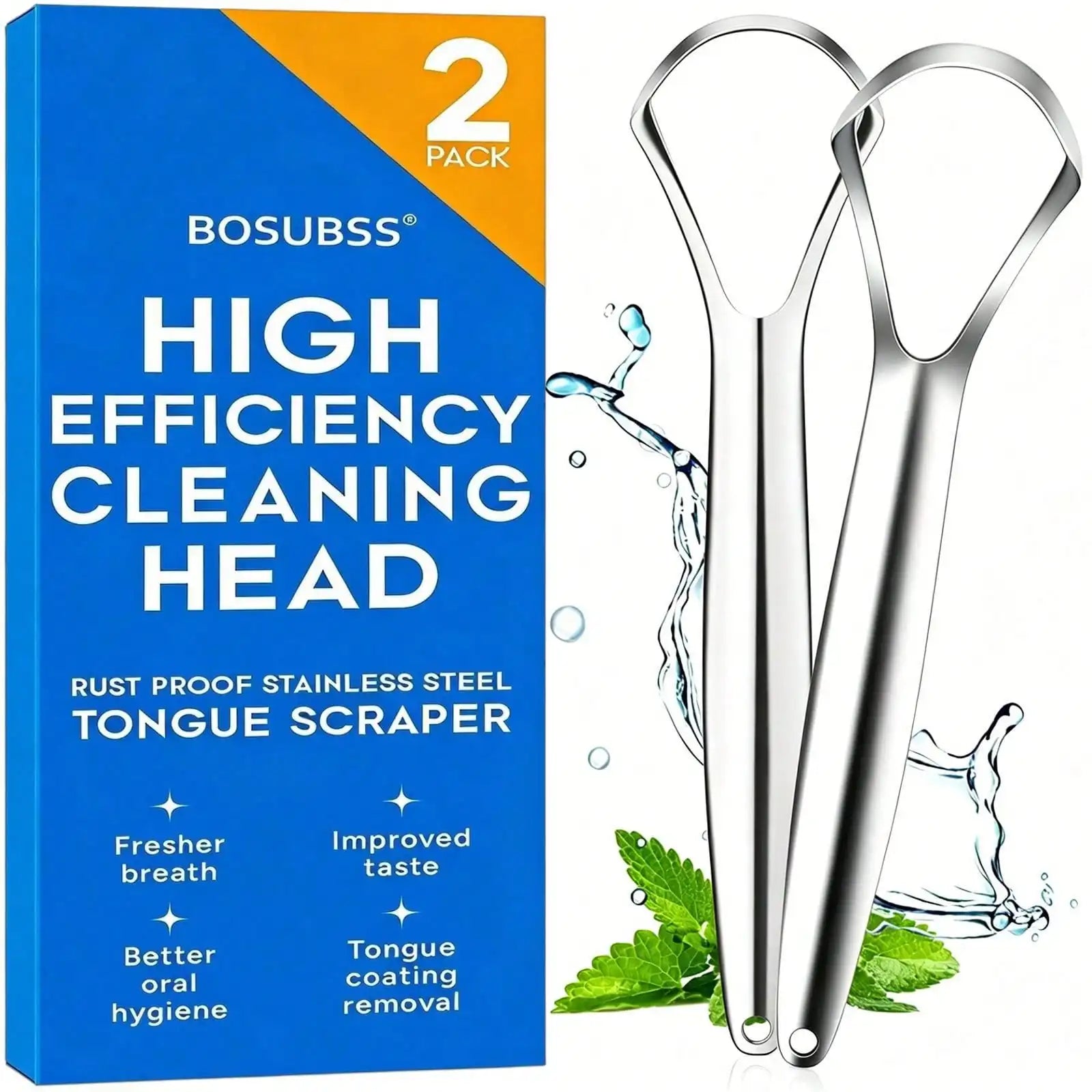 Stainless Steel Tongue Scraper - 2 Pack Metal Tongue Cleaner for Bad Breath, Professional Oral Care Tool for Adults