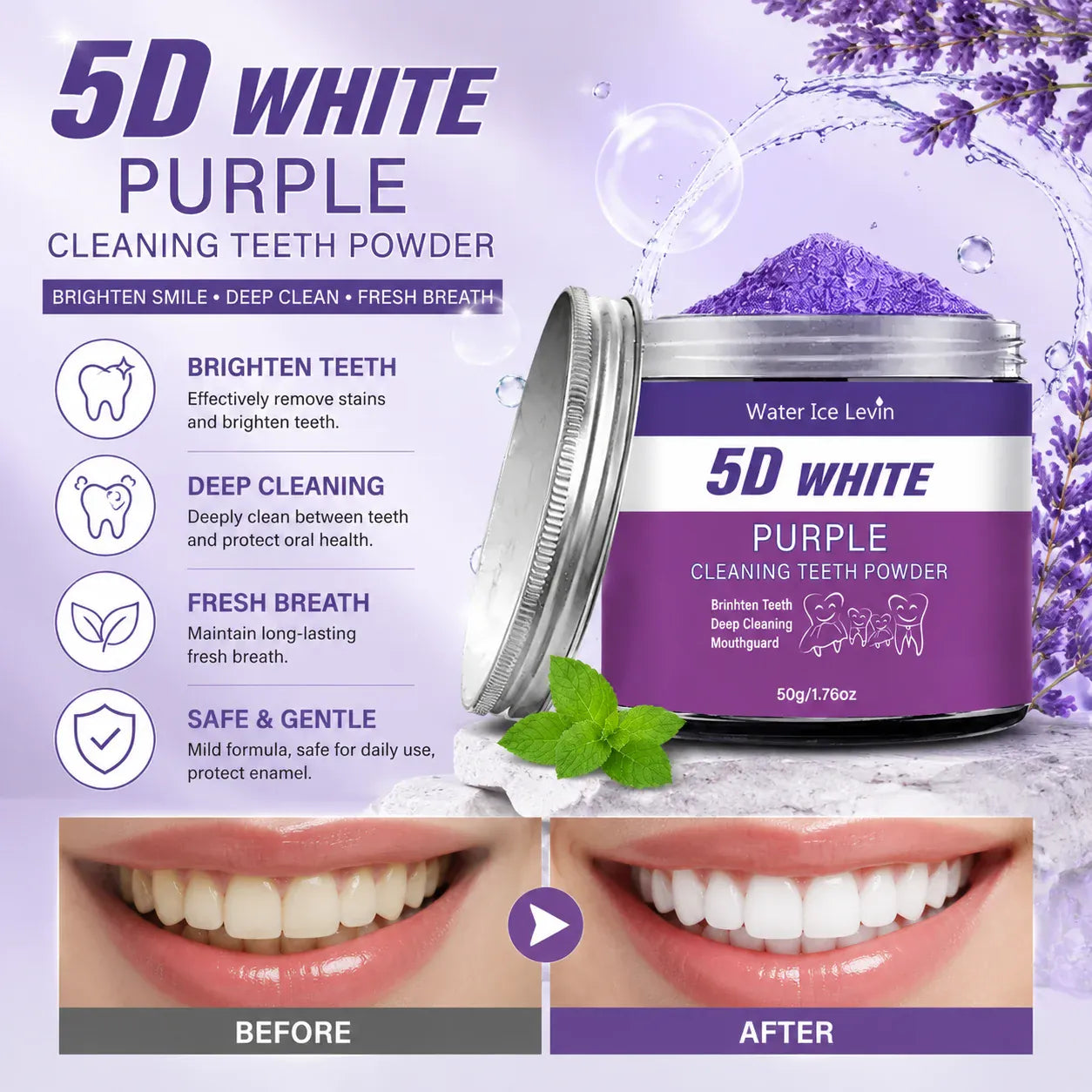 Purple Teeth Whitening Powder - 50g Natural Pearl Essence Color Corrector & Stain Remover, Deep Cleaning Tooth Powder for Fresh Breath