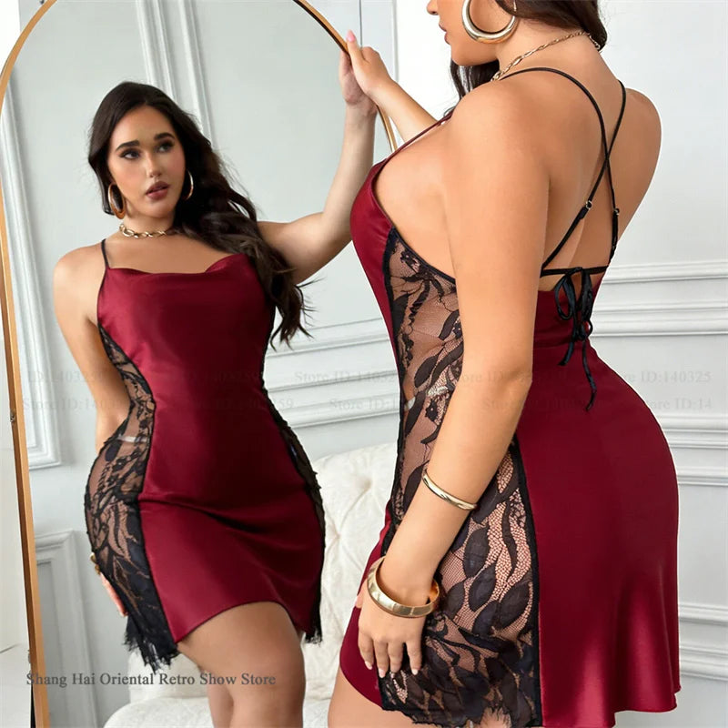 قميص نوم أنيق من الساتان والدانتيل بمقاسات كبيرة - ملابس نوم دانتيل مفرغة (3XL–5XL)