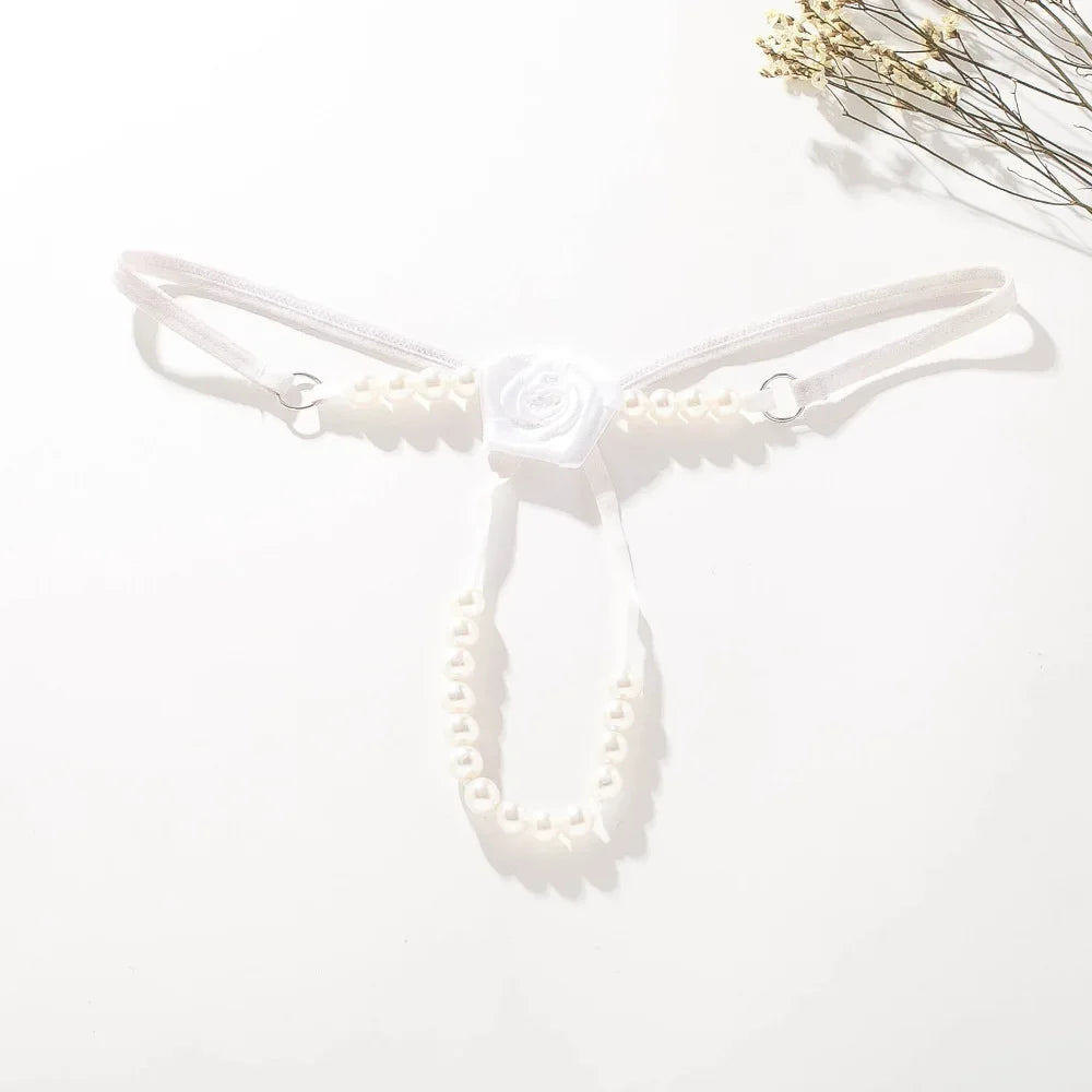 Sexy Rose Pearl G-String for Women – Beaded Open Crotch Lace Thong Lingerie