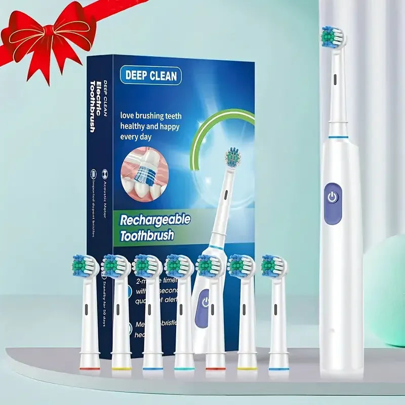 Rotary Electric Toothbrush for Adults, Smart Rotating Power Toothbrush with 5 Cleaning Modes, Soft Bristles, USB Rechargeable, 8 Replacement Heads