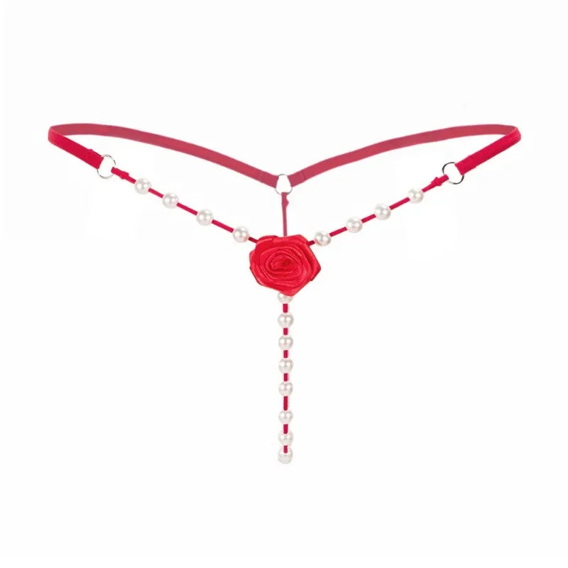 Sexy Rose Pearl G-String for Women – Beaded Open Crotch Lace Thong Lingerie