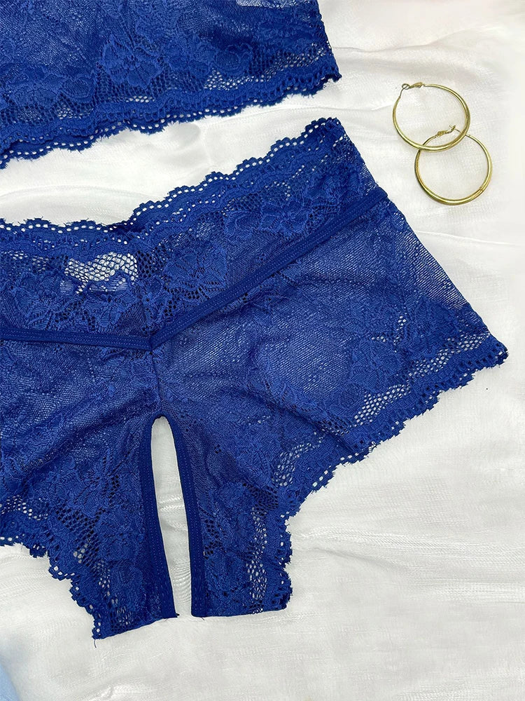 Dark Blue Sheer Lace Lingerie Set for Women – Elegant Bra and Panty Set