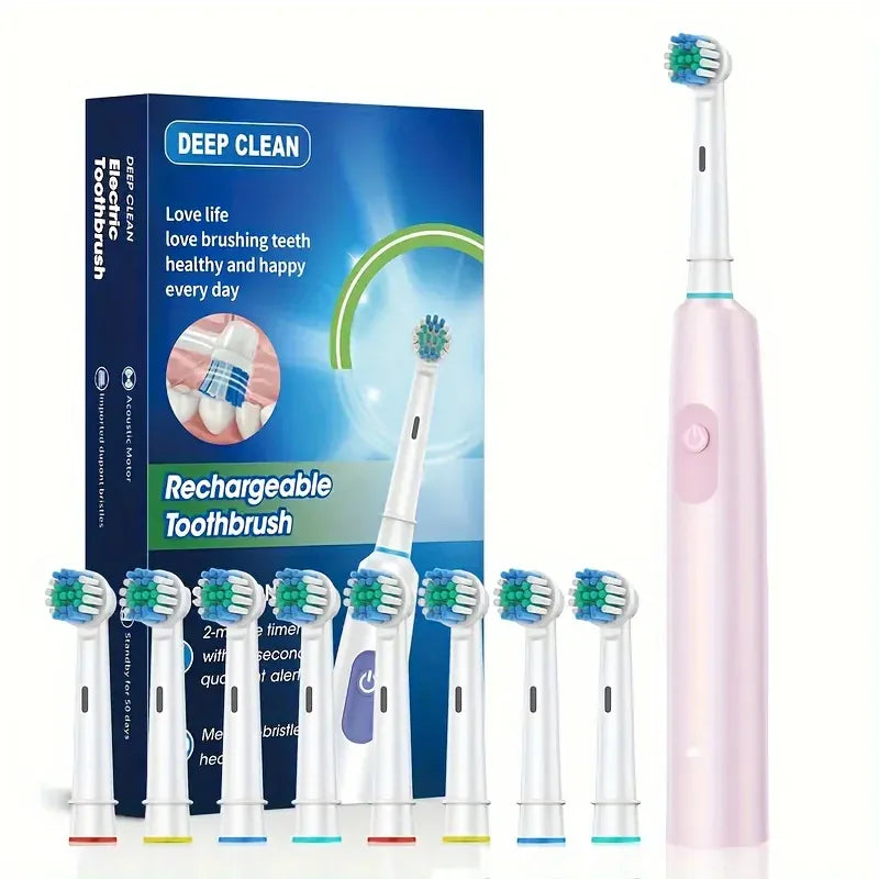 Rotary Electric Toothbrush for Adults, Smart Rotating Power Toothbrush with 5 Cleaning Modes, Soft Bristles, USB Rechargeable, 8 Replacement Heads
