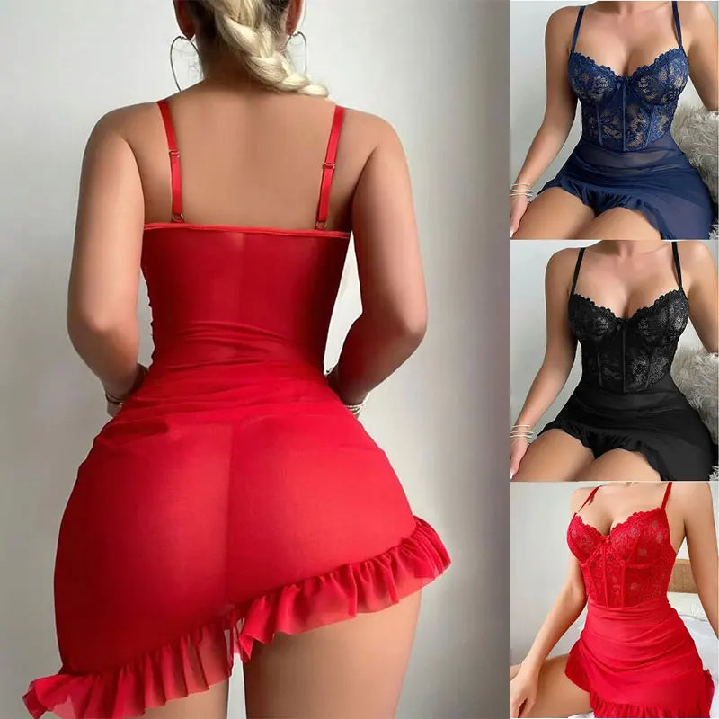 Sheer Lace Underwire Lingerie Set for Women – Transparent Elegant Nightdress & Sleepwear