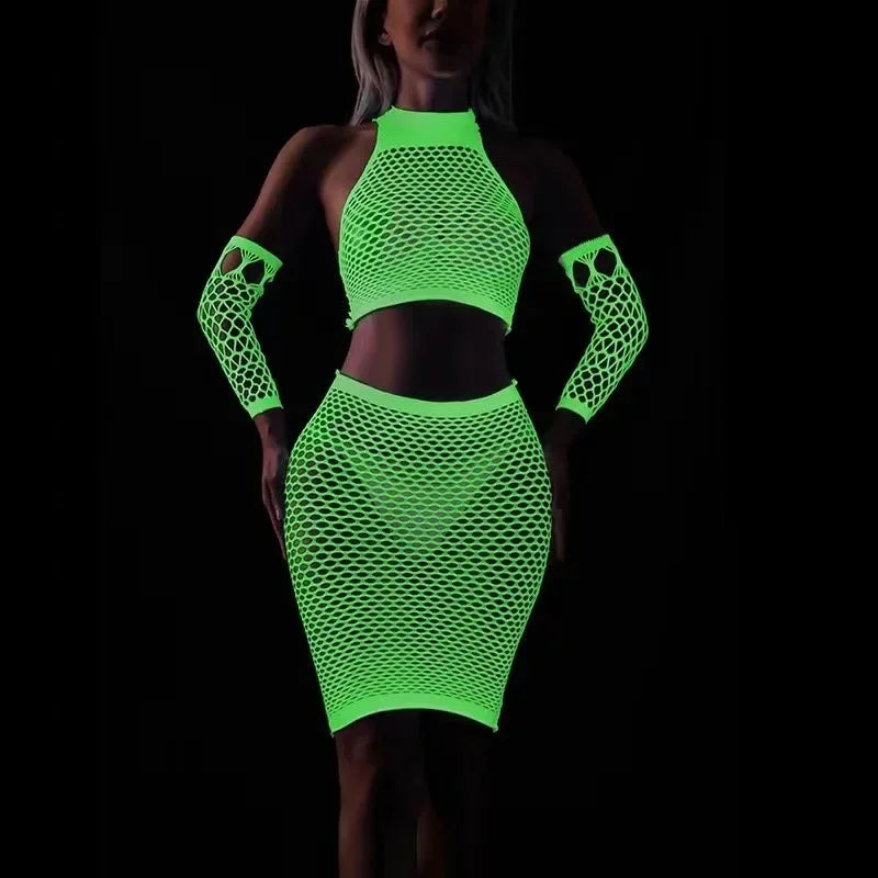 Sheer Mesh Two Piece Bodystocking Set for Women – Club & Party Wear Luminous Outfit