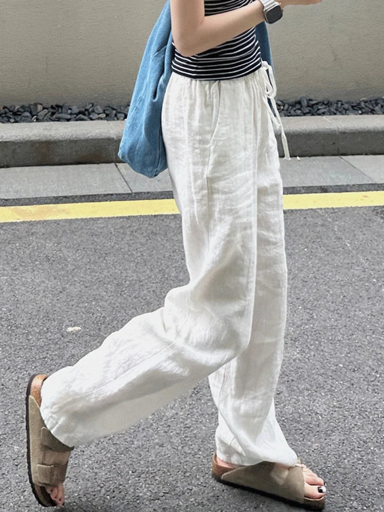 Casual High-Waist Cotton Linen Wide-Leg Trousers with Pockets
