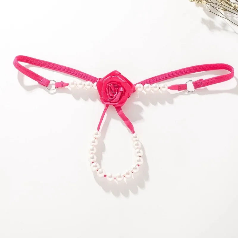 Sexy Rose Pearl G-String for Women – Beaded Open Crotch Lace Thong Lingerie