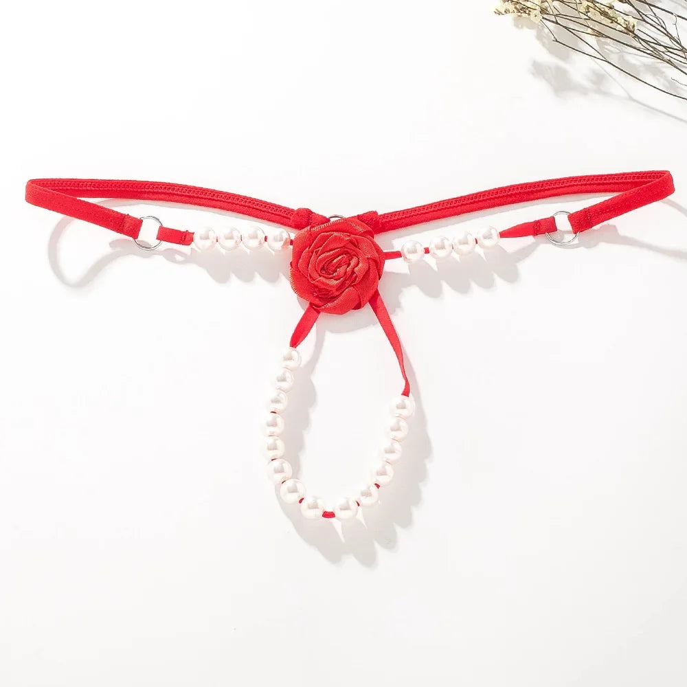 Sexy Rose Pearl G-String for Women – Beaded Open Crotch Lace Thong Lingerie